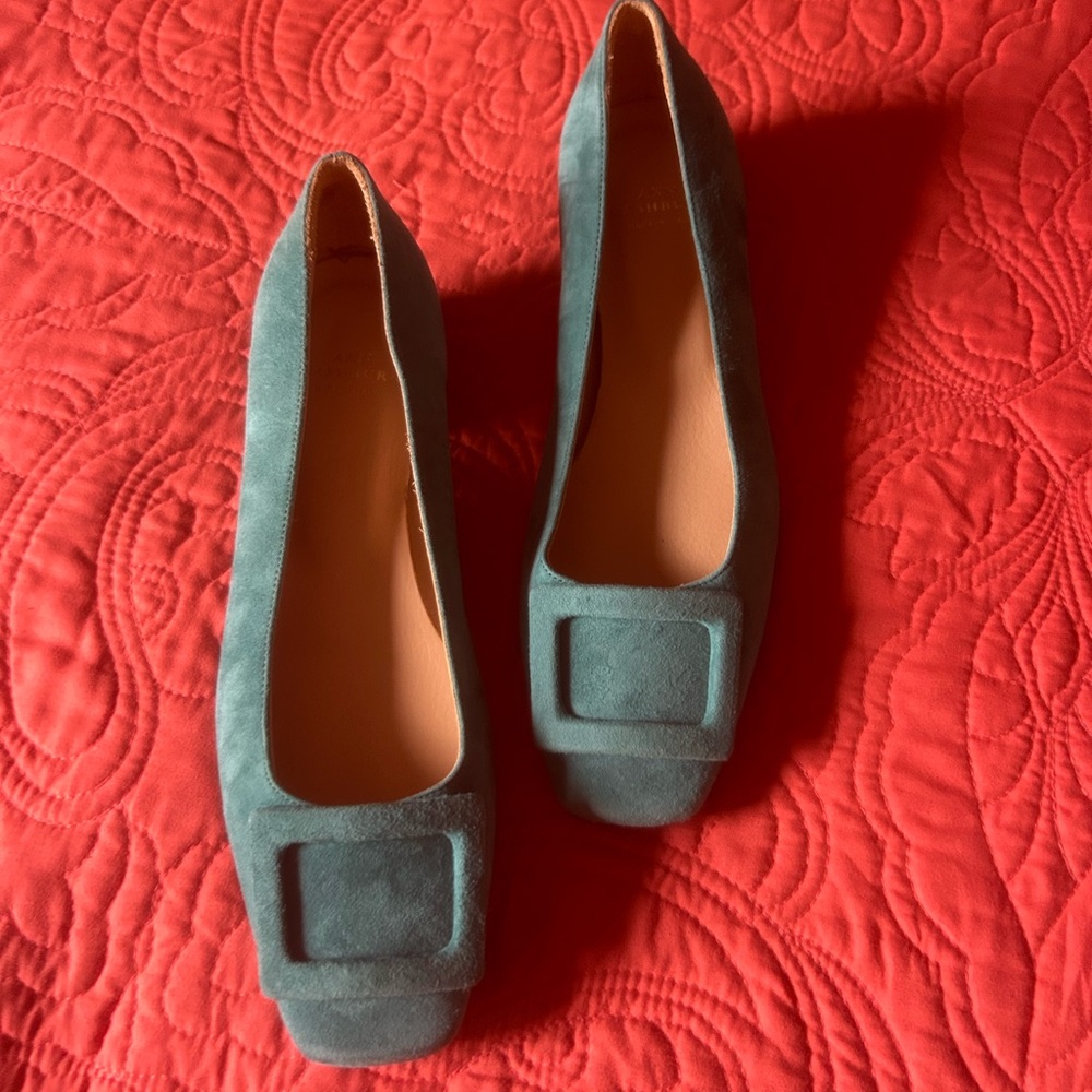 Ann Mashburn Jade Suede Square Toe Buckle Slip On Low Heel Pump Italy- 6.5
